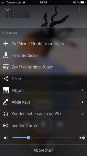 Amazon Music Unlimited App Optionen für Songs