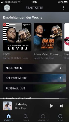 Amazon Music Unlimited App Startseite